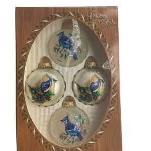 VTG Christmas Krebs Set 4 Jays Blue Birds Handpainted Glass Ornaments Snow